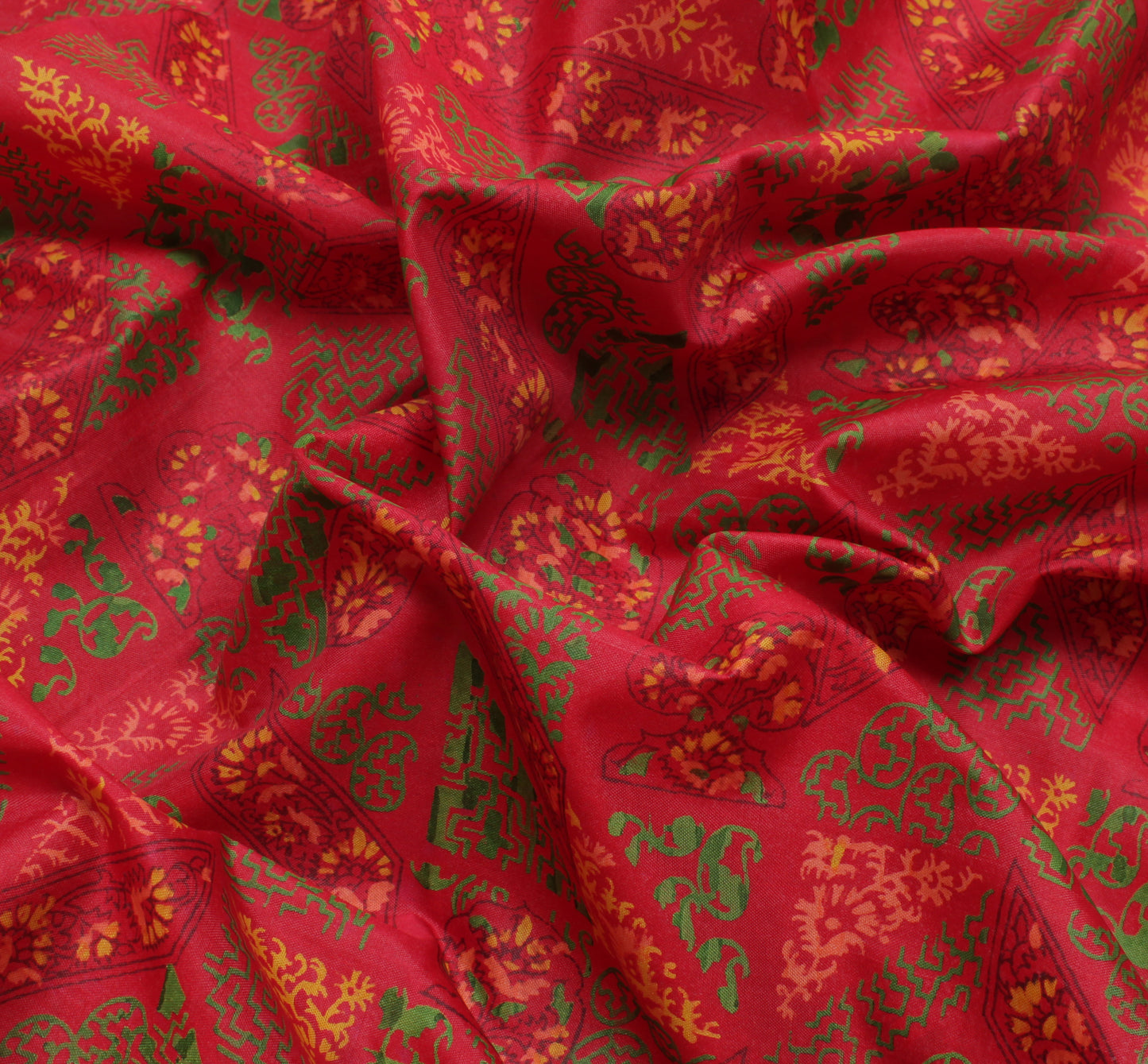 Sushila Vintage Red Saree Blend Silk Printed Floral Soft Craft 5 Yard Fabric