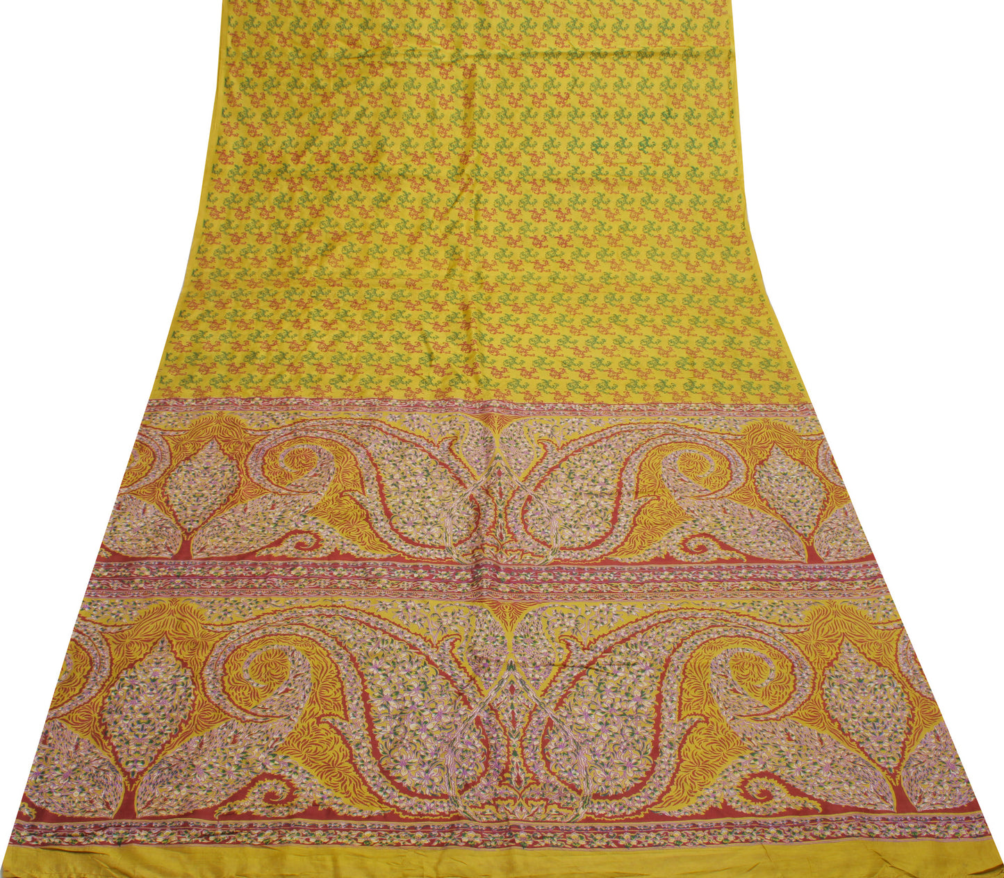 Sushila Vintage Green Saree 100% Pure Silk Printed Floral Soft Craft 5 YD Fabric