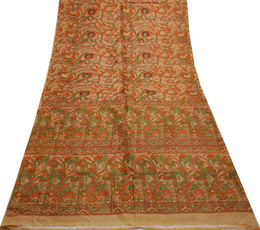 Sushila Vintage Cream Saree 100% Pure Silk Printed Birds Soft Craft 5 YD Fabric