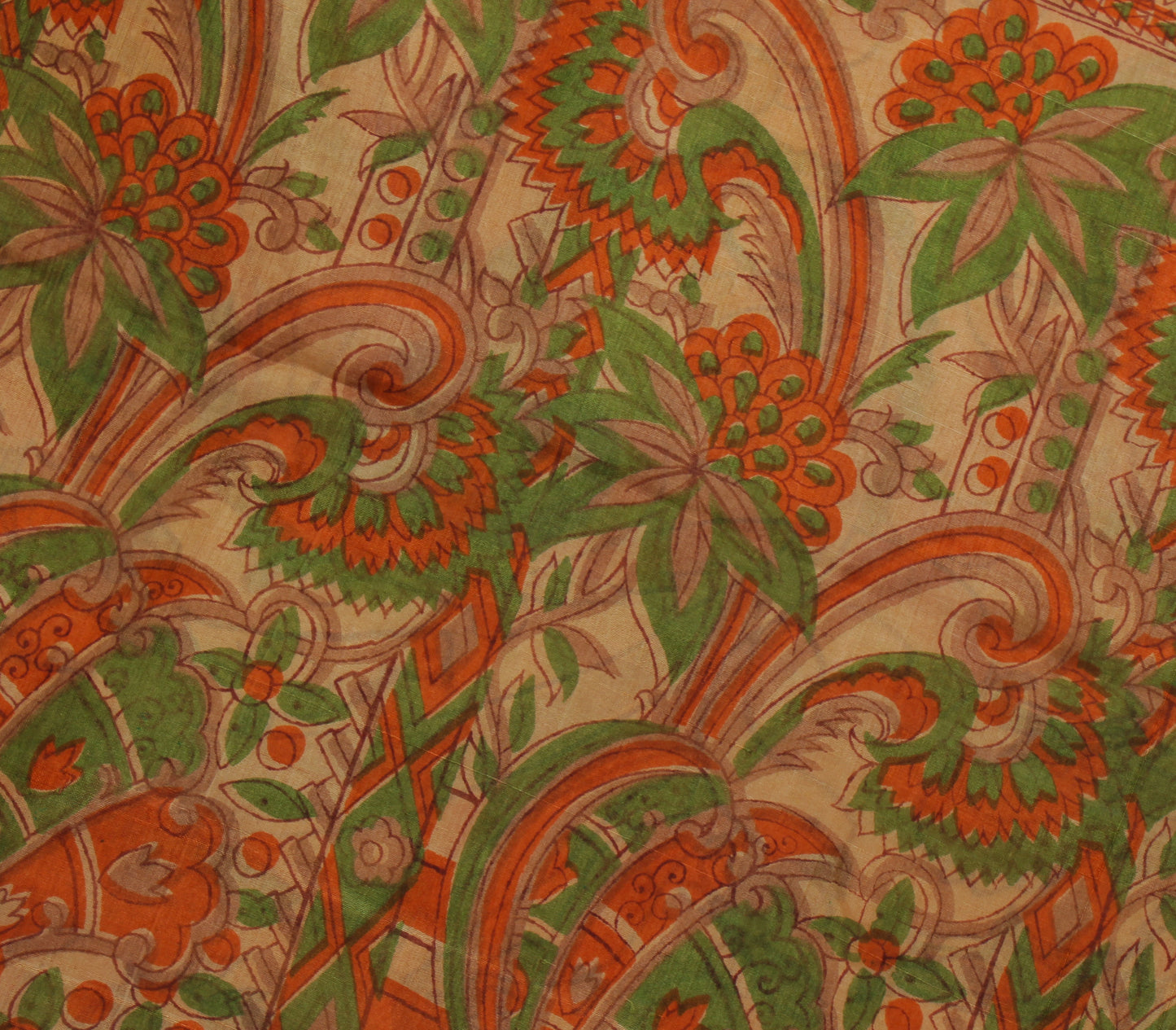 Sushila Vintage Cream Saree 100% Pure Silk Printed Birds Soft Craft 5 YD Fabric