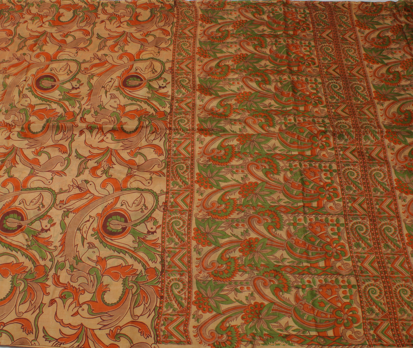 Sushila Vintage Cream Saree 100% Pure Silk Printed Birds Soft Craft 5 YD Fabric