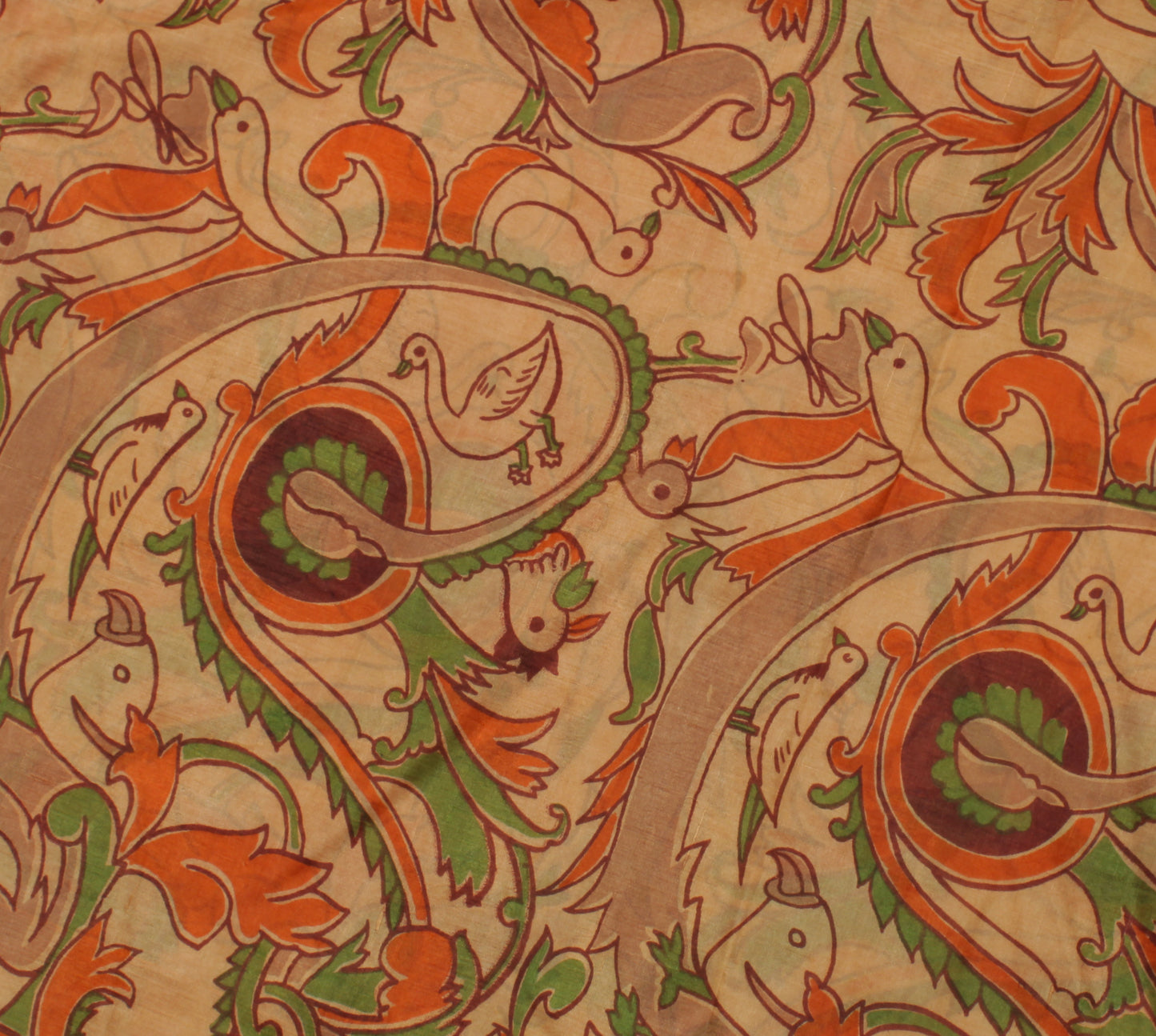 Sushila Vintage Cream Saree 100% Pure Silk Printed Birds Soft Craft 5 YD Fabric