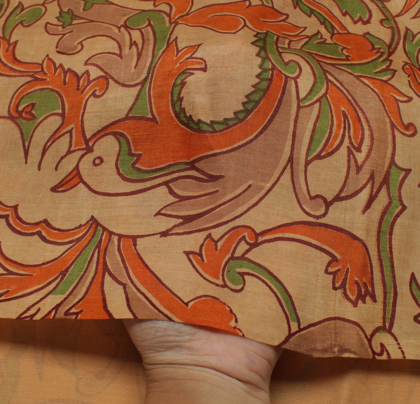 Sushila Vintage Cream Saree 100% Pure Silk Printed Birds Soft Craft 5 YD Fabric