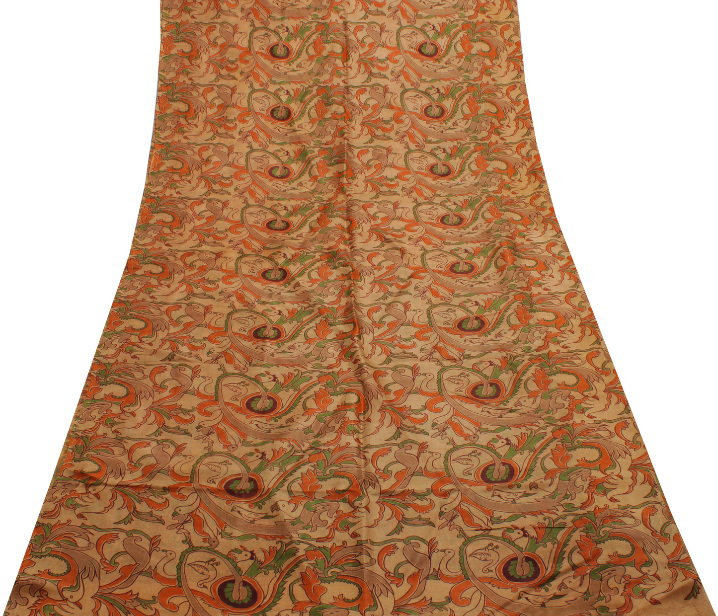 Sushila Vintage Cream Saree 100% Pure Silk Printed Birds Soft Craft 5 YD Fabric
