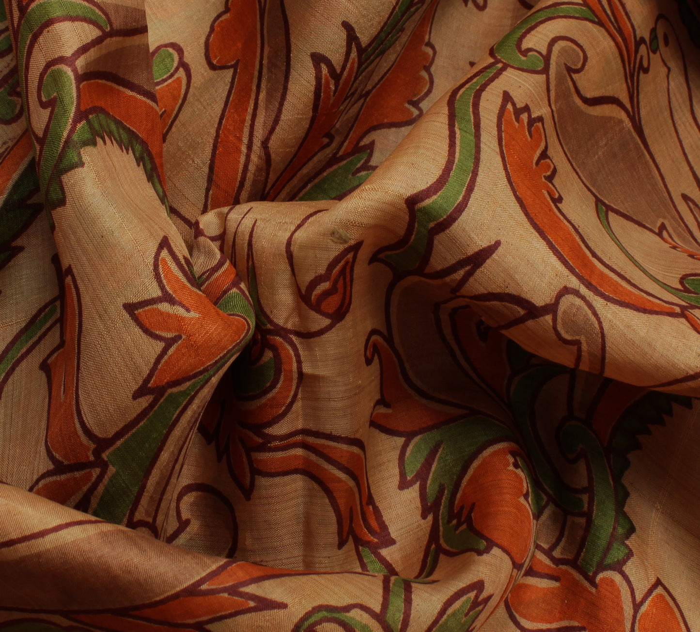 Sushila Vintage Cream Saree 100% Pure Silk Printed Birds Soft Craft 5 YD Fabric
