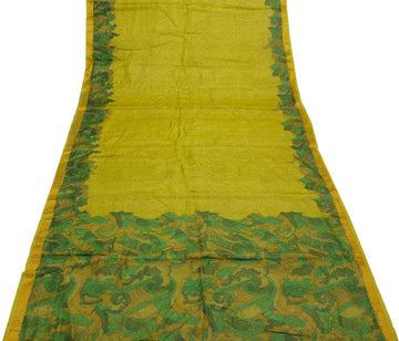 Sushila Vintage Green Saree 100% Pure Silk Printed Floral Craft 5 YD Fabric