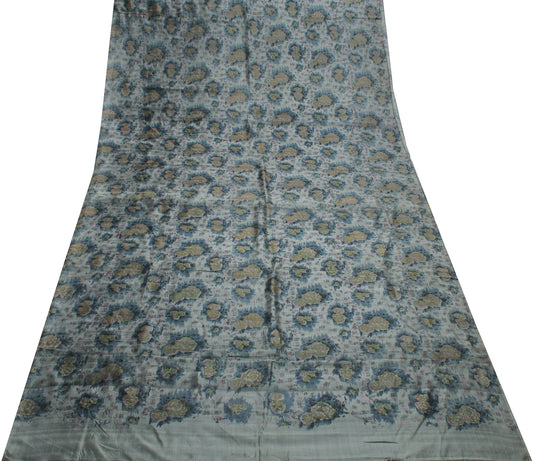 Sushila Vintage Gray Saree 100% Pure Silk Printed Floral Soft Craft Fabric