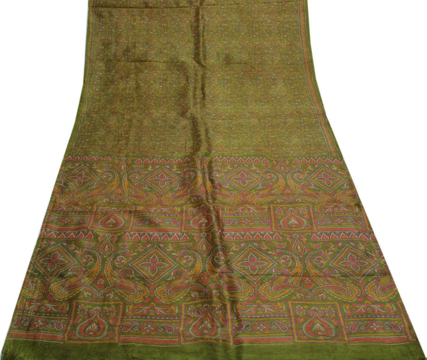 Sushila Vintage Green Saree 100% Pure Silk Printed Floral Craft Sari Fabric