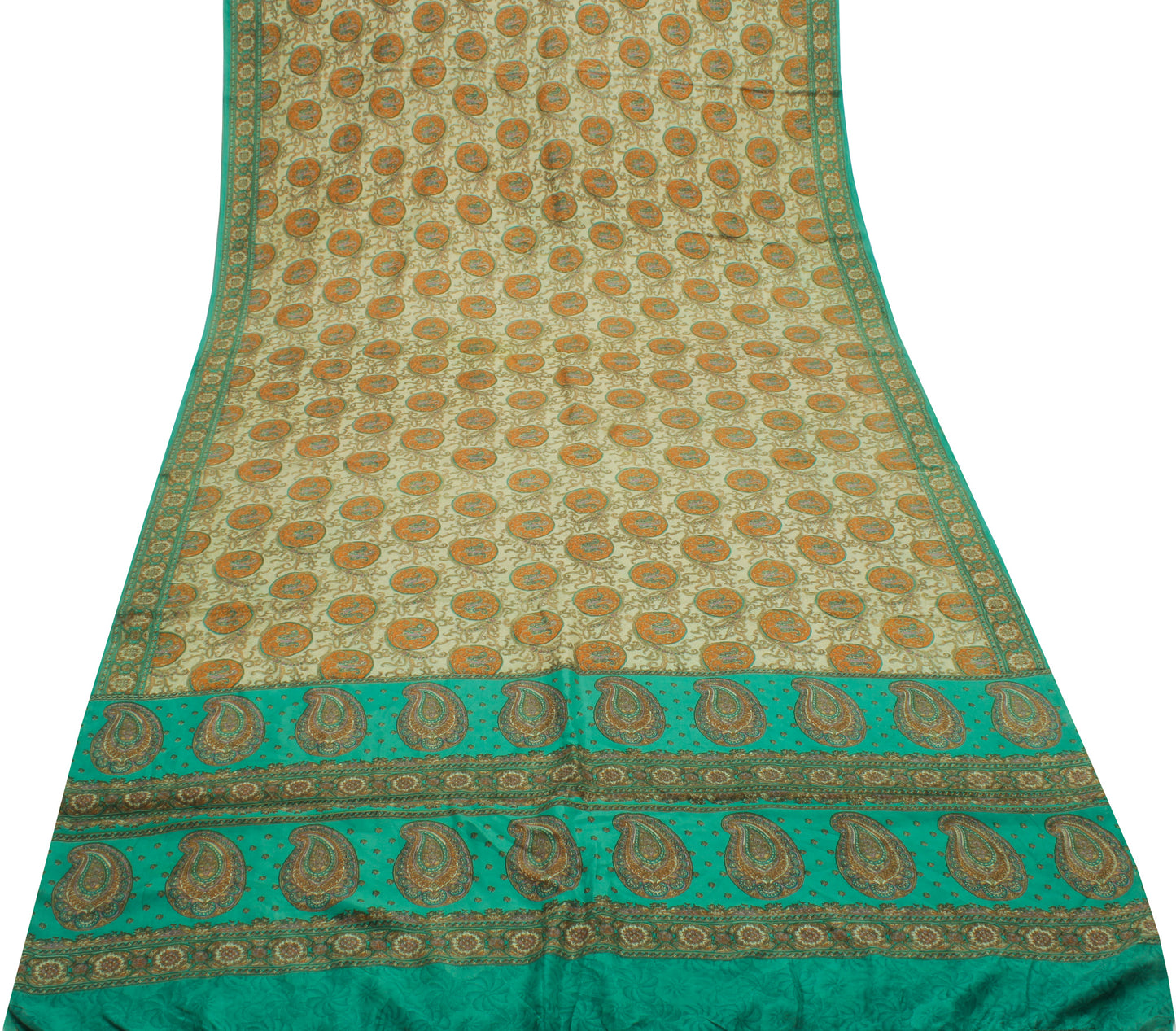 Sushila Vintage Cream Saree 100% Pure Silk Printed Paisley Soft Craft Fabric