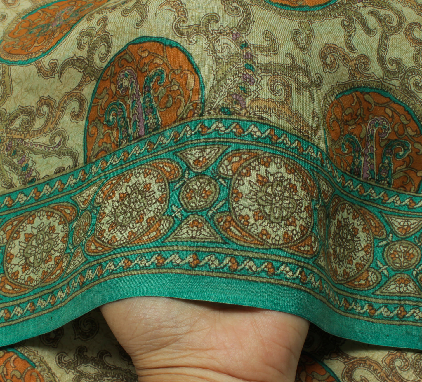 Sushila Vintage Cream Saree 100% Pure Silk Printed Paisley Soft Craft Fabric