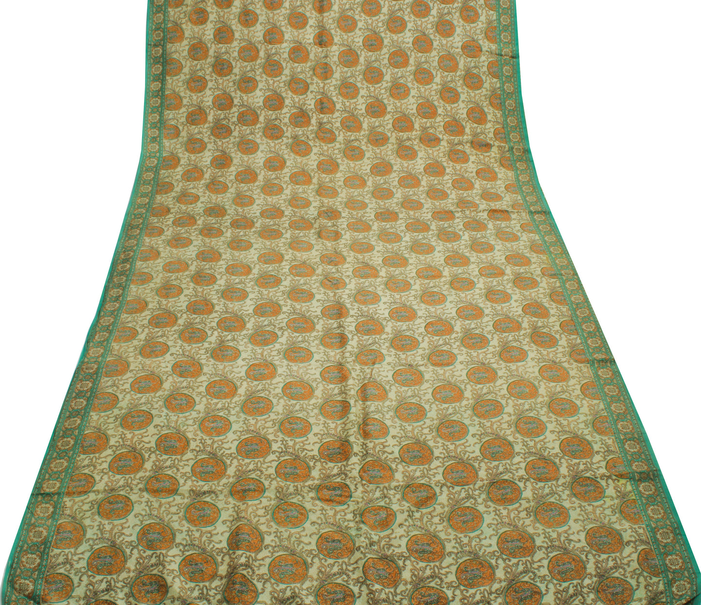 Sushila Vintage Cream Saree 100% Pure Silk Printed Paisley Soft Craft Fabric