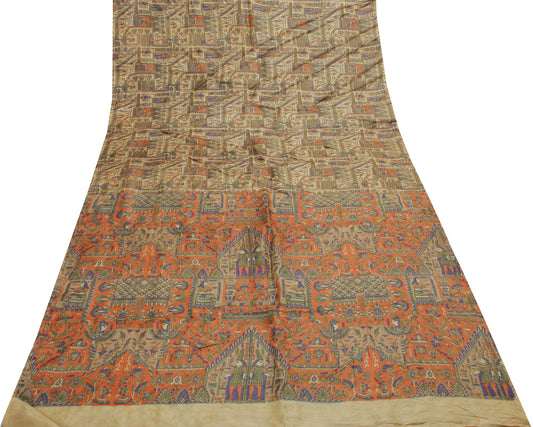 Sushila Vintage Cream Indian Saree 100% Pure Silk Printed Soft Craft 5 YD Fabric