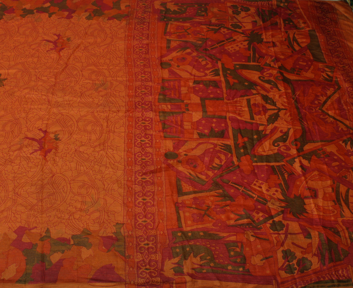 Sushila Vintage Rust Saree Blend Silk Printed Floral Soft Craft Sari Fabric