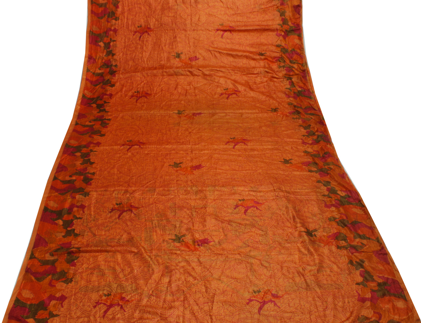 Sushila Vintage Rust Saree Blend Silk Printed Floral Soft Craft Sari Fabric