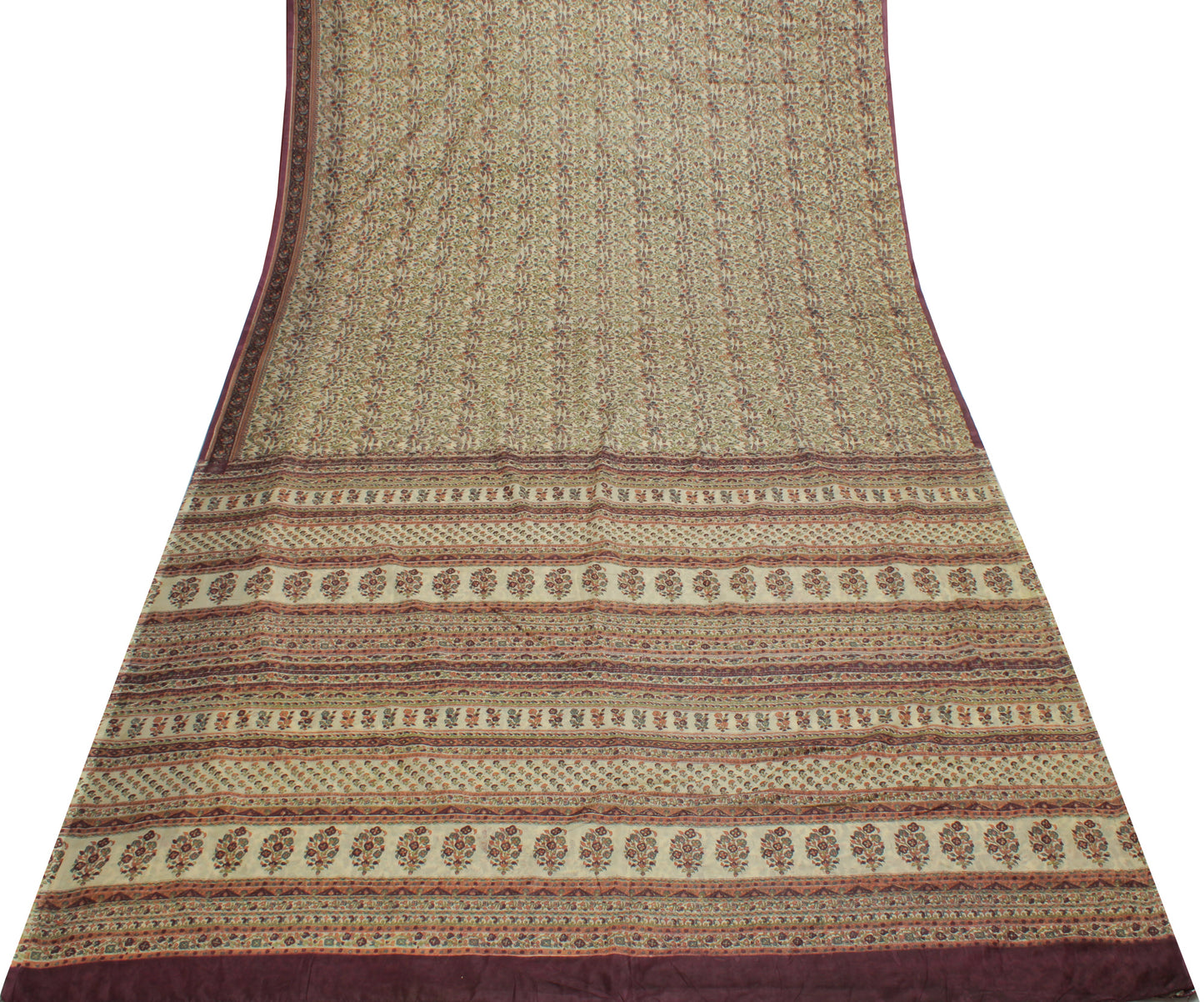 Sushila Vintage Cream Saree Blend Silk Printed Floral Soft Craft 5 Yard Fabric