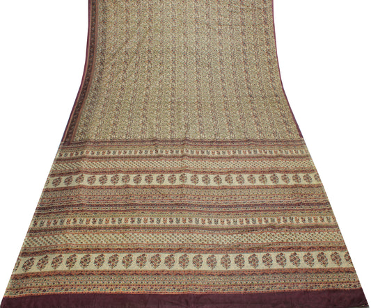 Sushila Vintage Cream Saree Blend Silk Printed Floral Soft Craft 5 Yard Fabric