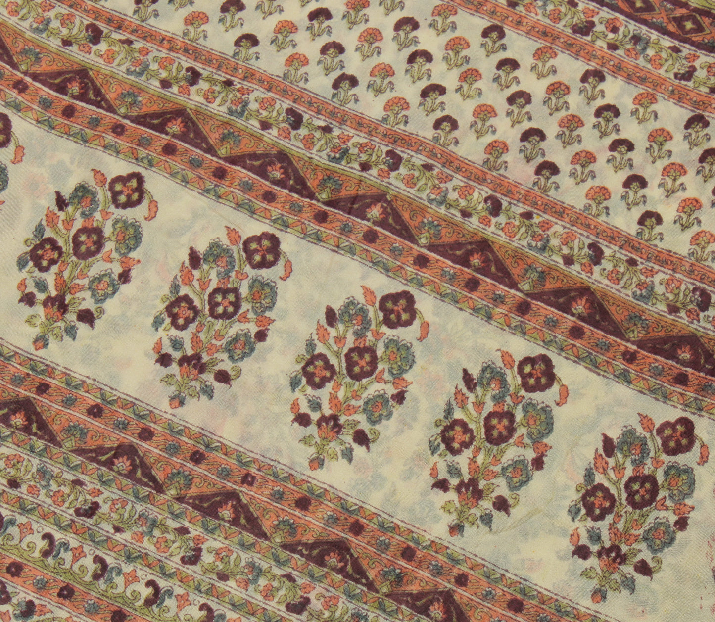 Sushila Vintage Cream Saree Blend Silk Printed Floral Soft Craft 5 Yard Fabric