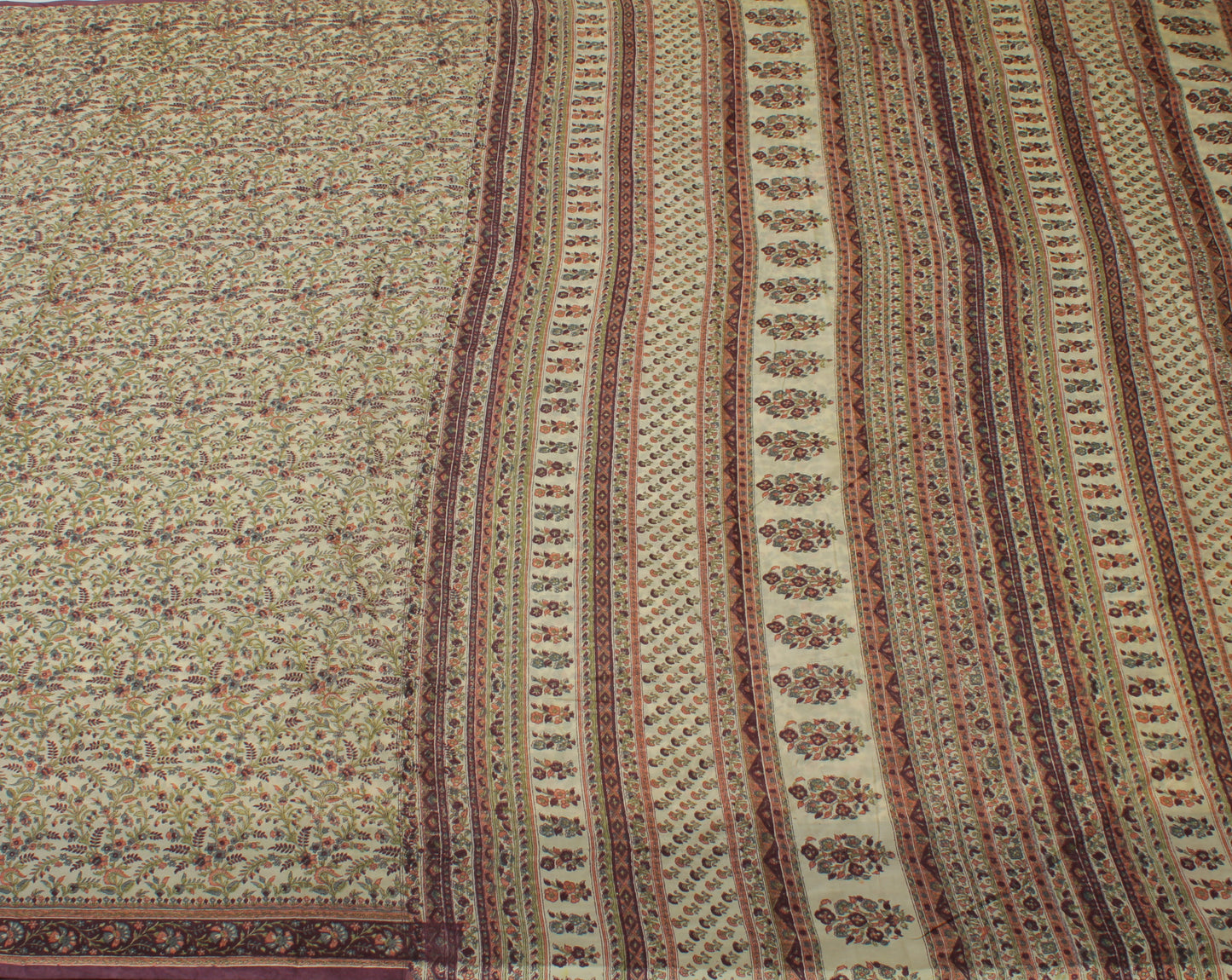 Sushila Vintage Cream Saree Blend Silk Printed Floral Soft Craft 5 Yard Fabric