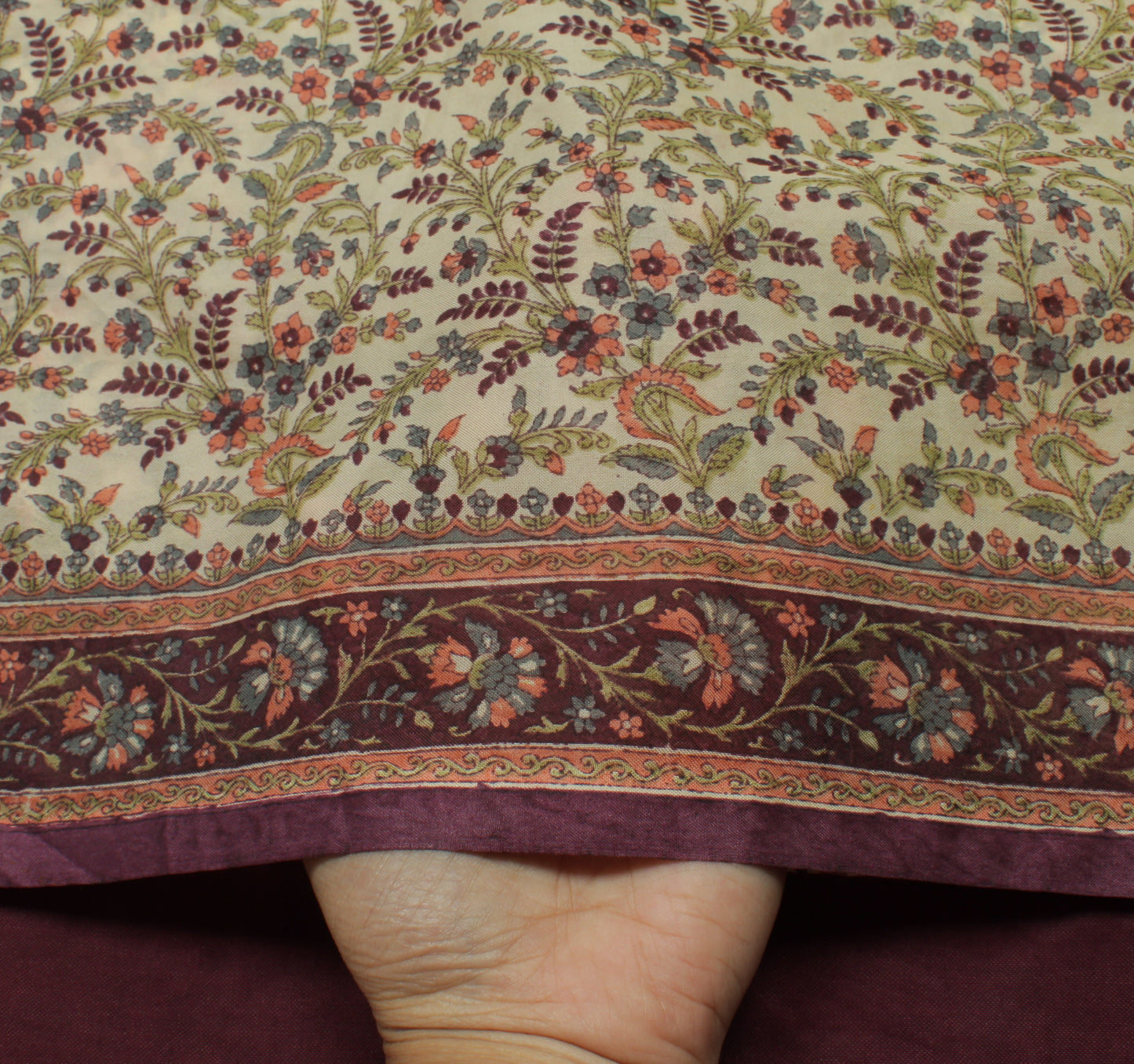 Sushila Vintage Cream Saree Blend Silk Printed Floral Soft Craft 5 Yard Fabric