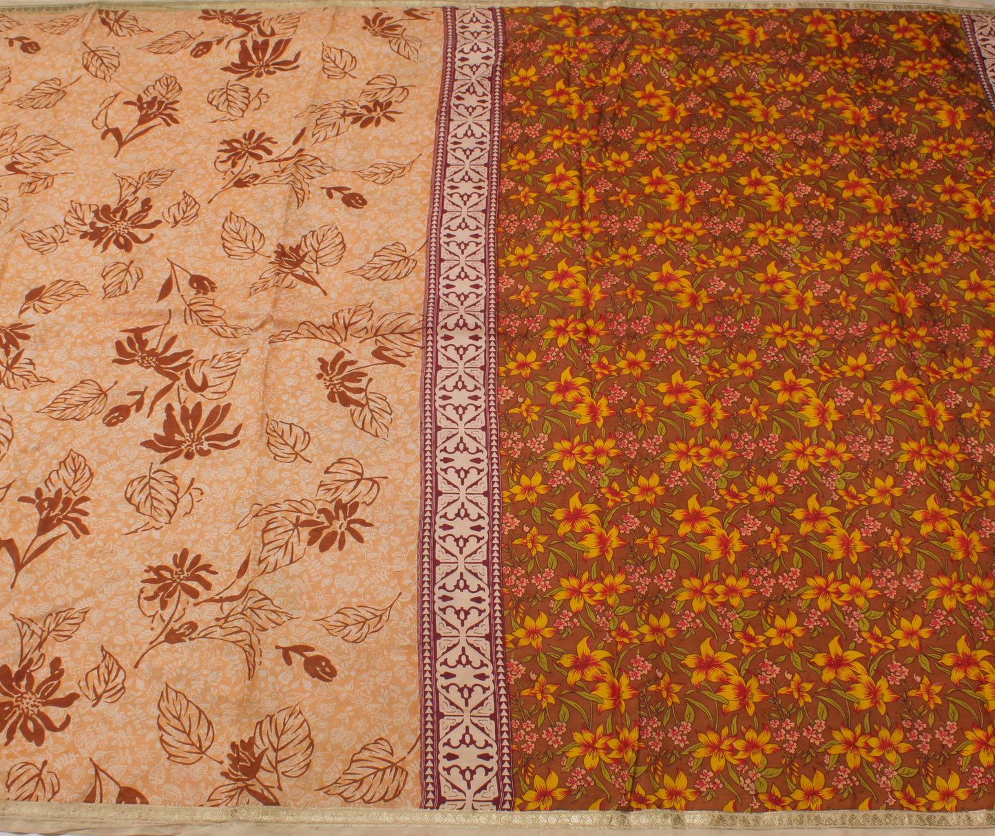 Sushila Vintage Peach Saree 100% Pure Silk Printed Floral Soft Craft Fabric
