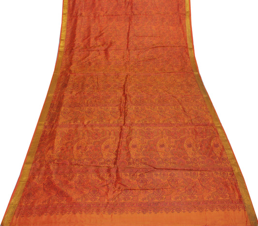 Sushila Vintage Rust Saree 100% Pure Silk Printed Floral Soft Craft 5 YD Fabric