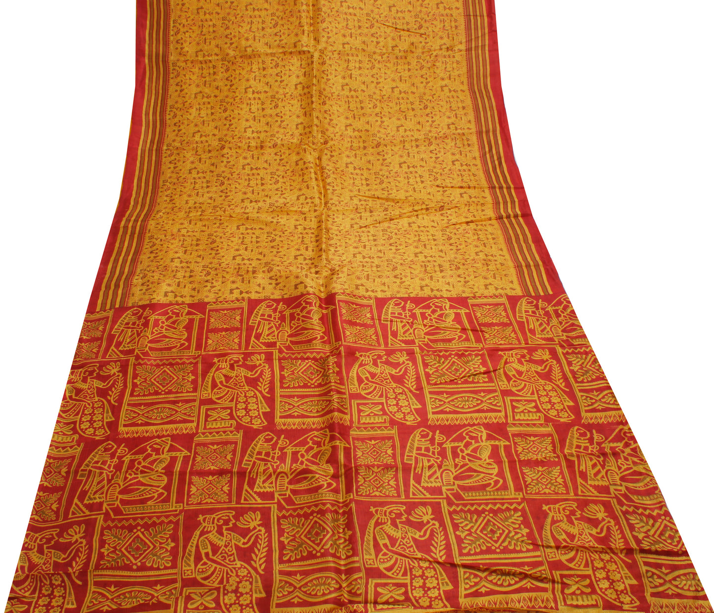Sushila Vintage Mustard Saree 100% Pure Silk Printed Soft Craft 5 Yard Fabric