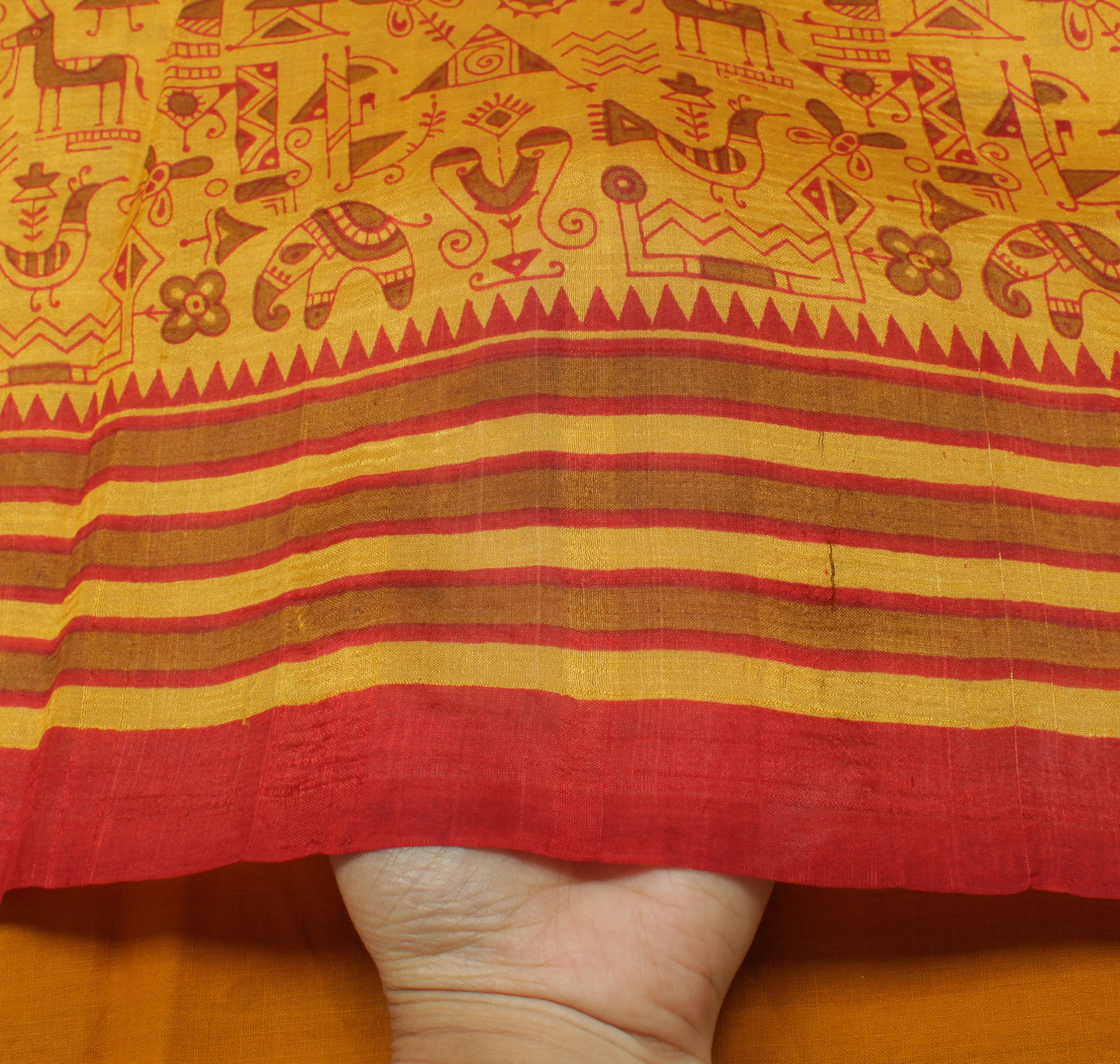 Sushila Vintage Mustard Saree 100% Pure Silk Printed Soft Craft 5 Yard Fabric