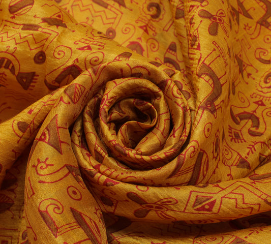 Sushila Vintage Mustard Saree 100% Pure Silk Printed Soft Craft 5 Yard Fabric