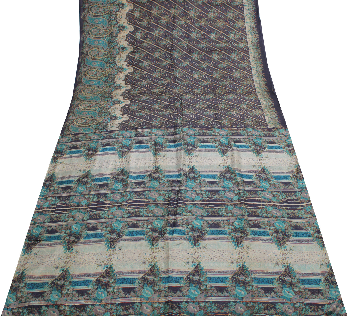 Sushila Vintage Blue Saree 100% Pure Silk Printed Floral Soft Craft 5 YD Fabric
