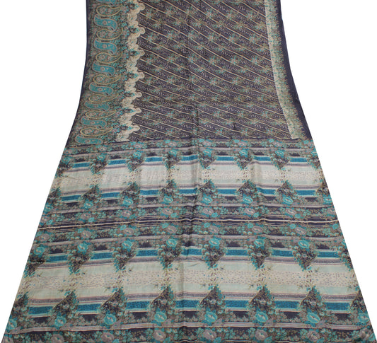 Sushila Vintage Blue Saree 100% Pure Silk Printed Floral Soft Craft 5 YD Fabric