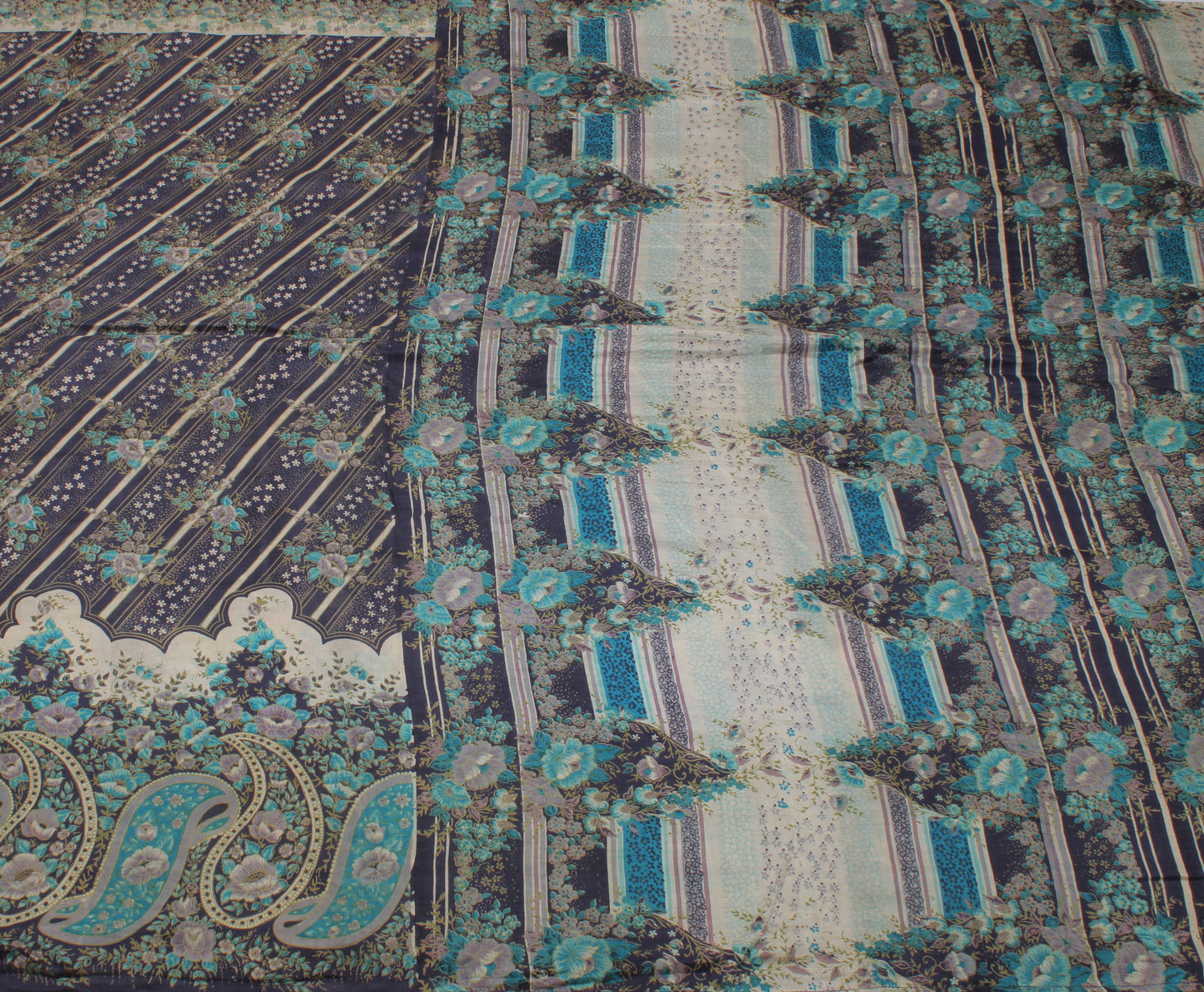 Sushila Vintage Blue Saree 100% Pure Silk Printed Floral Soft Craft 5 YD Fabric