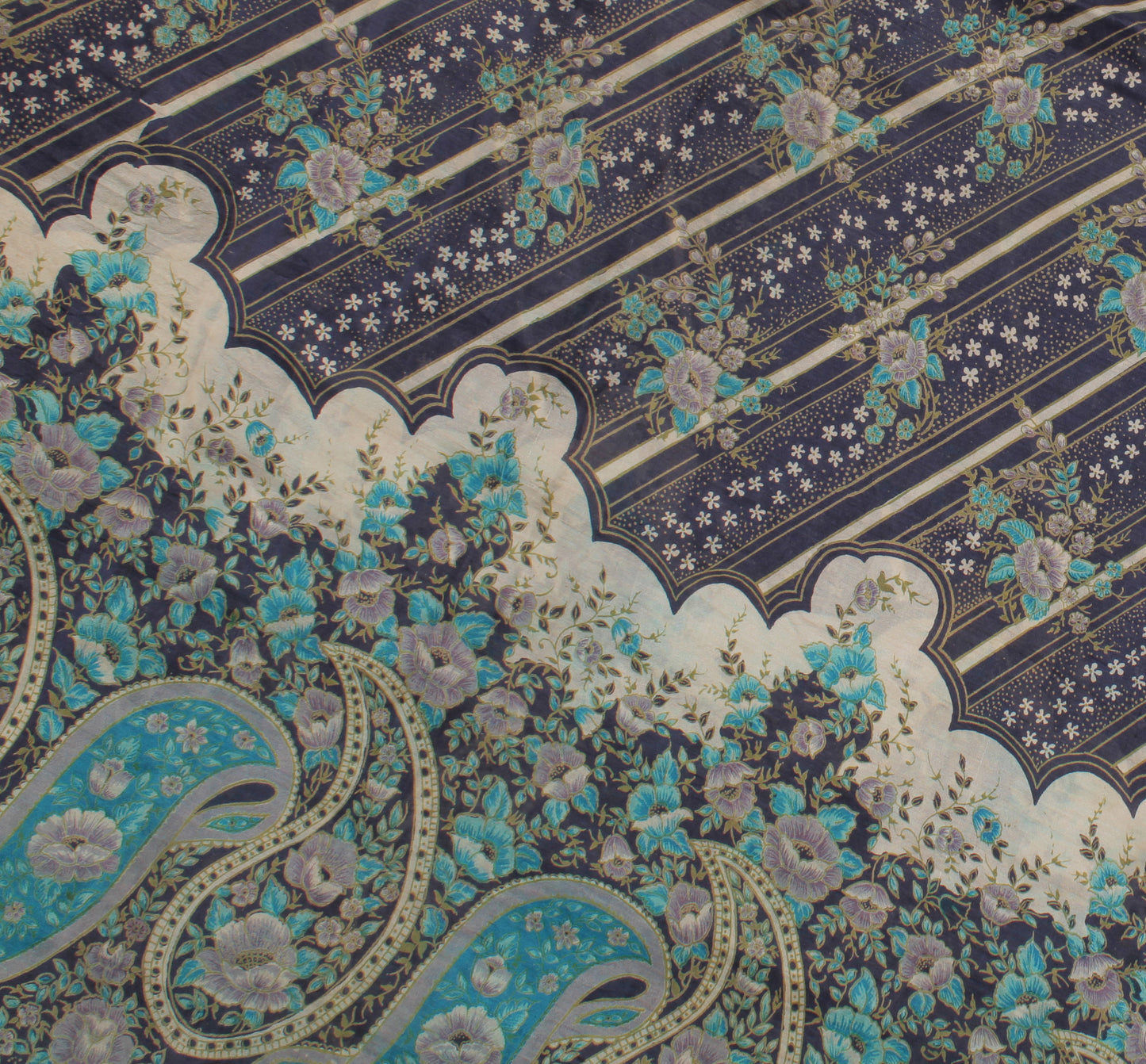 Sushila Vintage Blue Saree 100% Pure Silk Printed Floral Soft Craft 5 YD Fabric