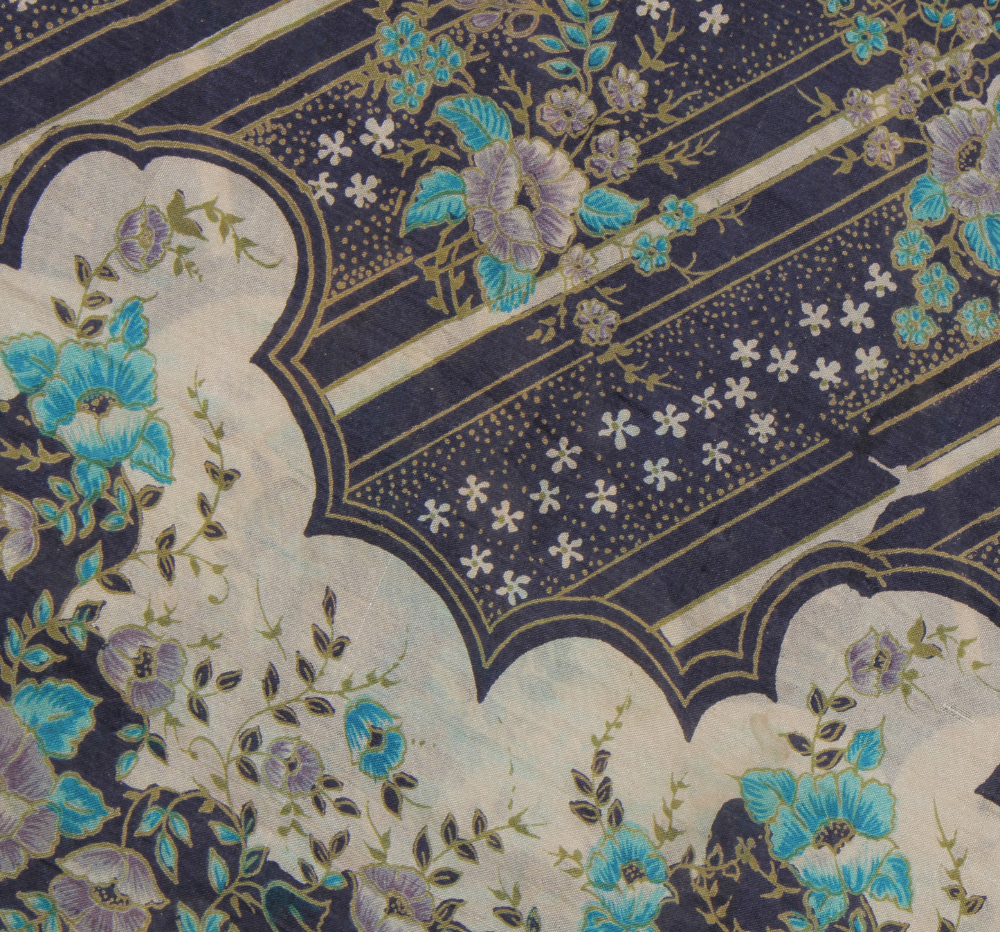Sushila Vintage Blue Saree 100% Pure Silk Printed Floral Soft Craft 5 YD Fabric