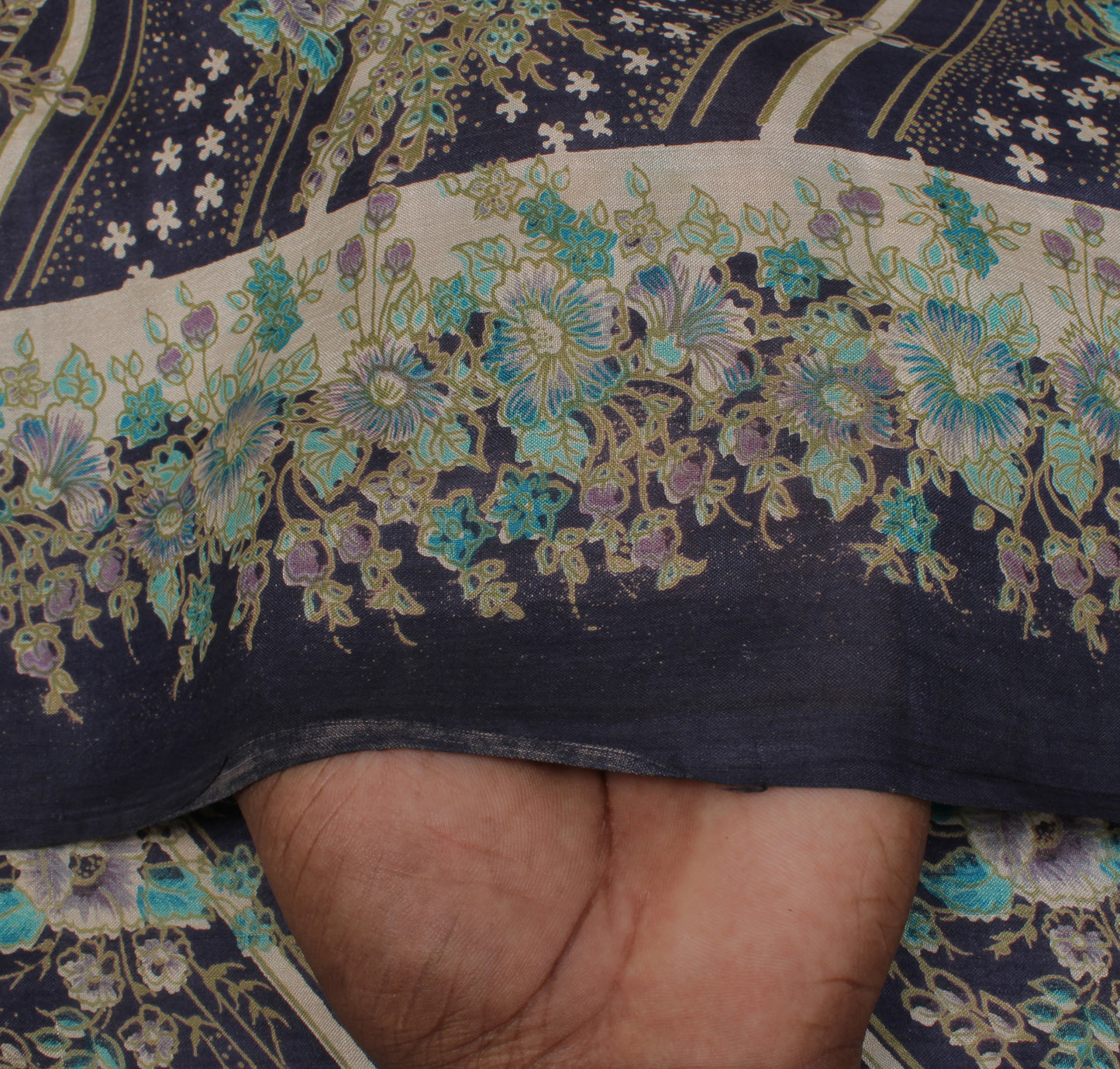 Sushila Vintage Blue Saree 100% Pure Silk Printed Floral Soft Craft 5 YD Fabric