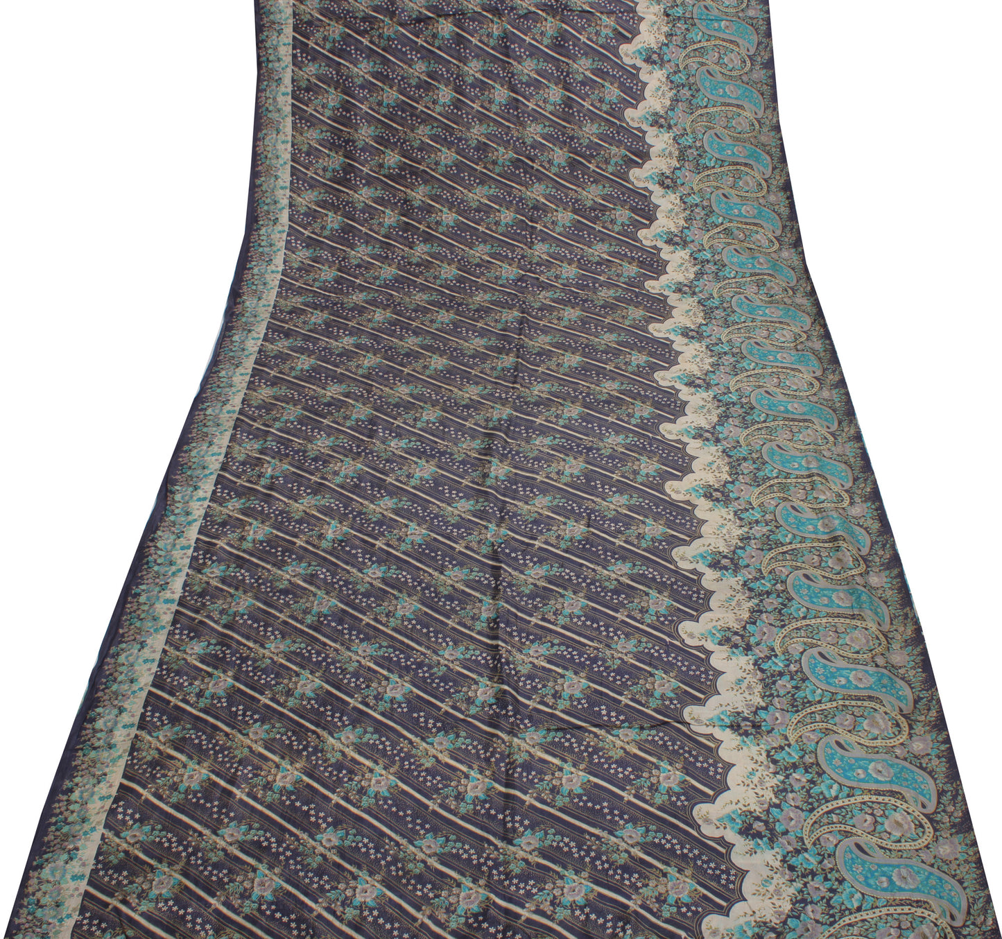 Sushila Vintage Blue Saree 100% Pure Silk Printed Floral Soft Craft 5 YD Fabric