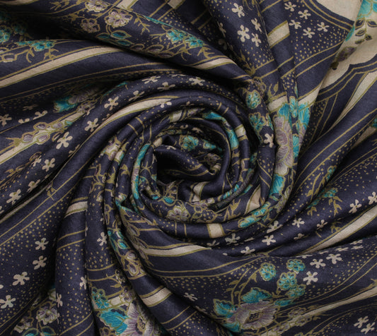 Sushila Vintage Blue Saree 100% Pure Silk Printed Floral Soft Craft 5 YD Fabric