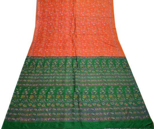 Sushila Vintage Orange Saree 100% Pure Silk Printed Floral Soft Craft Fabric