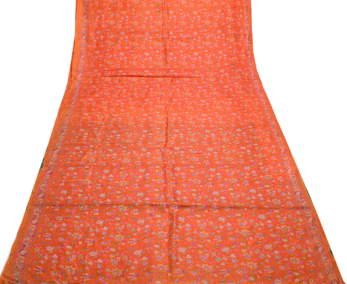 Sushila Vintage Orange Saree 100% Pure Silk Printed Floral Soft Craft Fabric