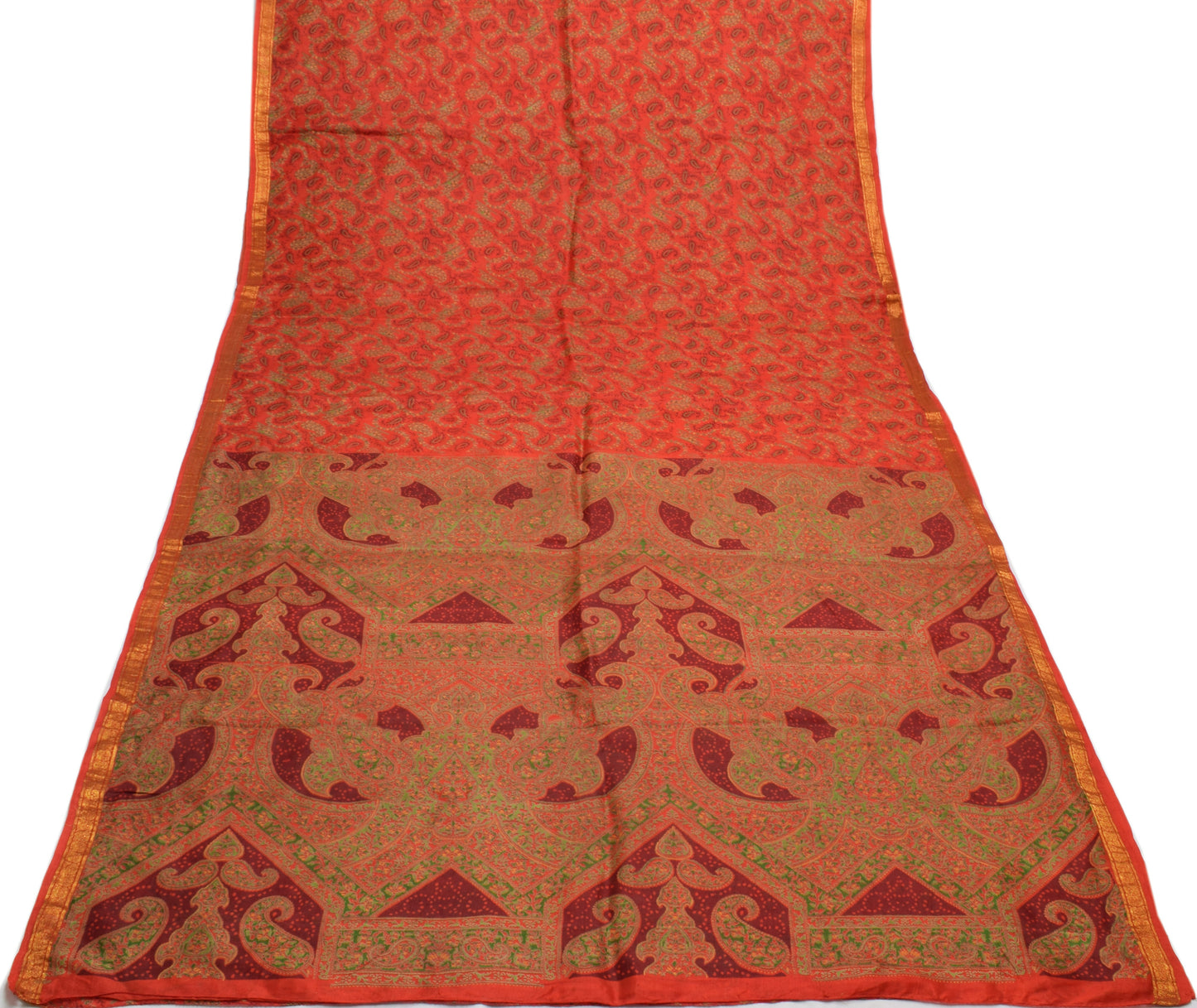 Sushila Vintage Orange Saree 100% Pure Silk Printed Paisley Soft Craft Fabric