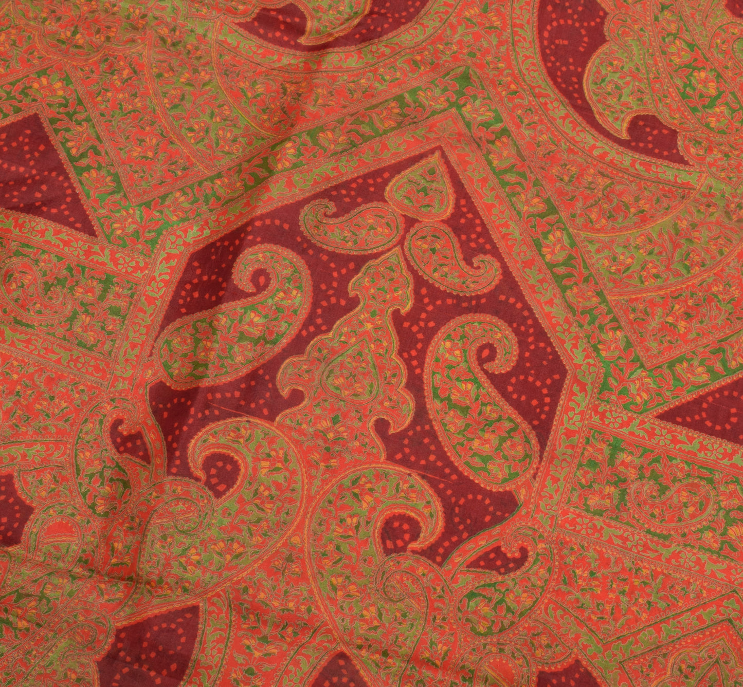 Sushila Vintage Orange Saree 100% Pure Silk Printed Paisley Soft Craft Fabric
