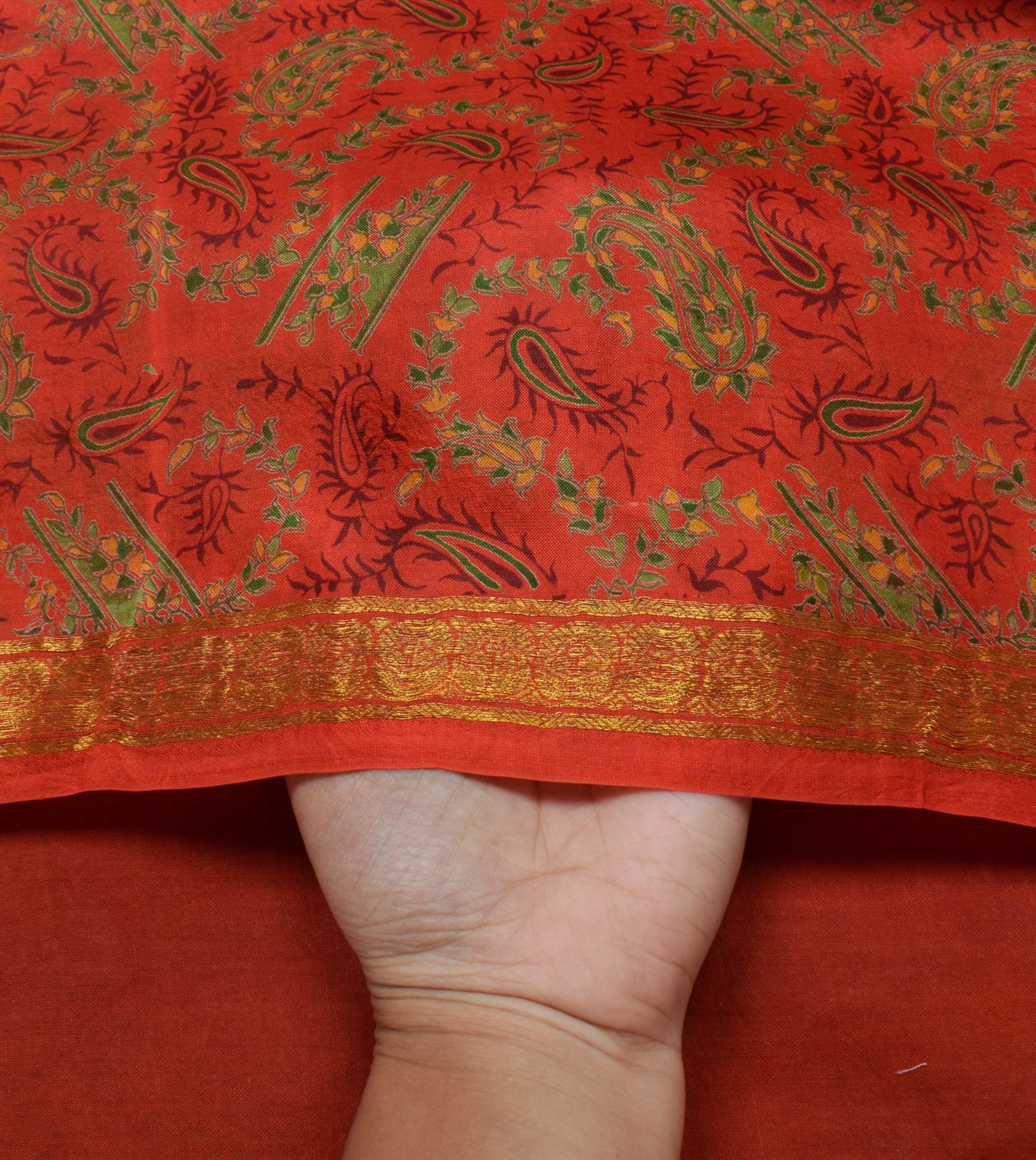 Sushila Vintage Orange Saree 100% Pure Silk Printed Paisley Soft Craft Fabric