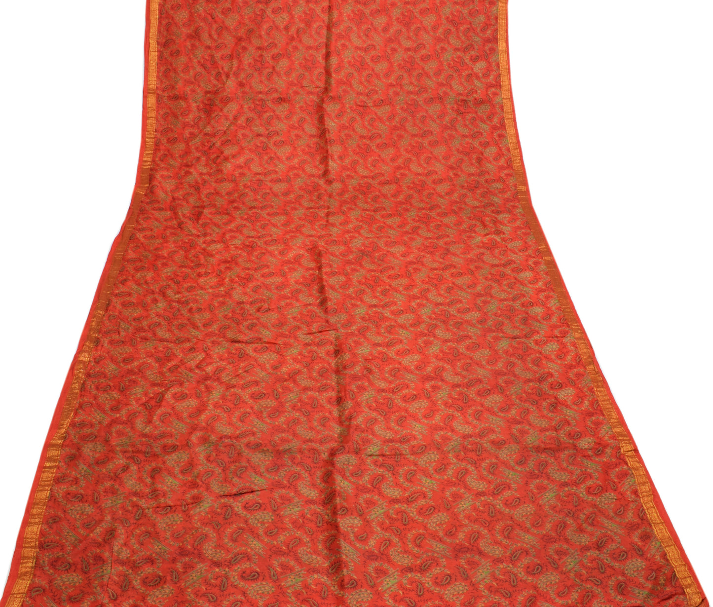 Sushila Vintage Orange Saree 100% Pure Silk Printed Paisley Soft Craft Fabric