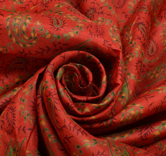 Sushila Vintage Orange Saree 100% Pure Silk Printed Paisley Soft Craft Fabric