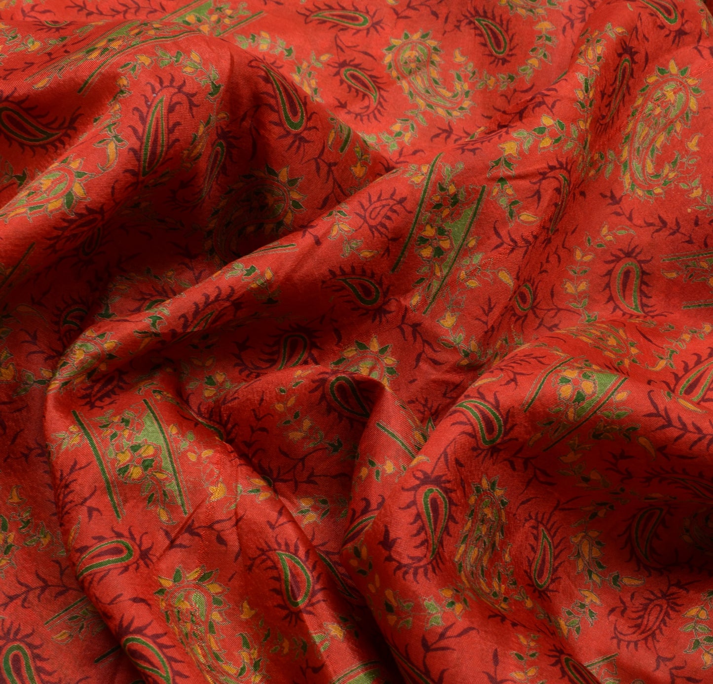 Sushila Vintage Orange Saree 100% Pure Silk Printed Paisley Soft Craft Fabric