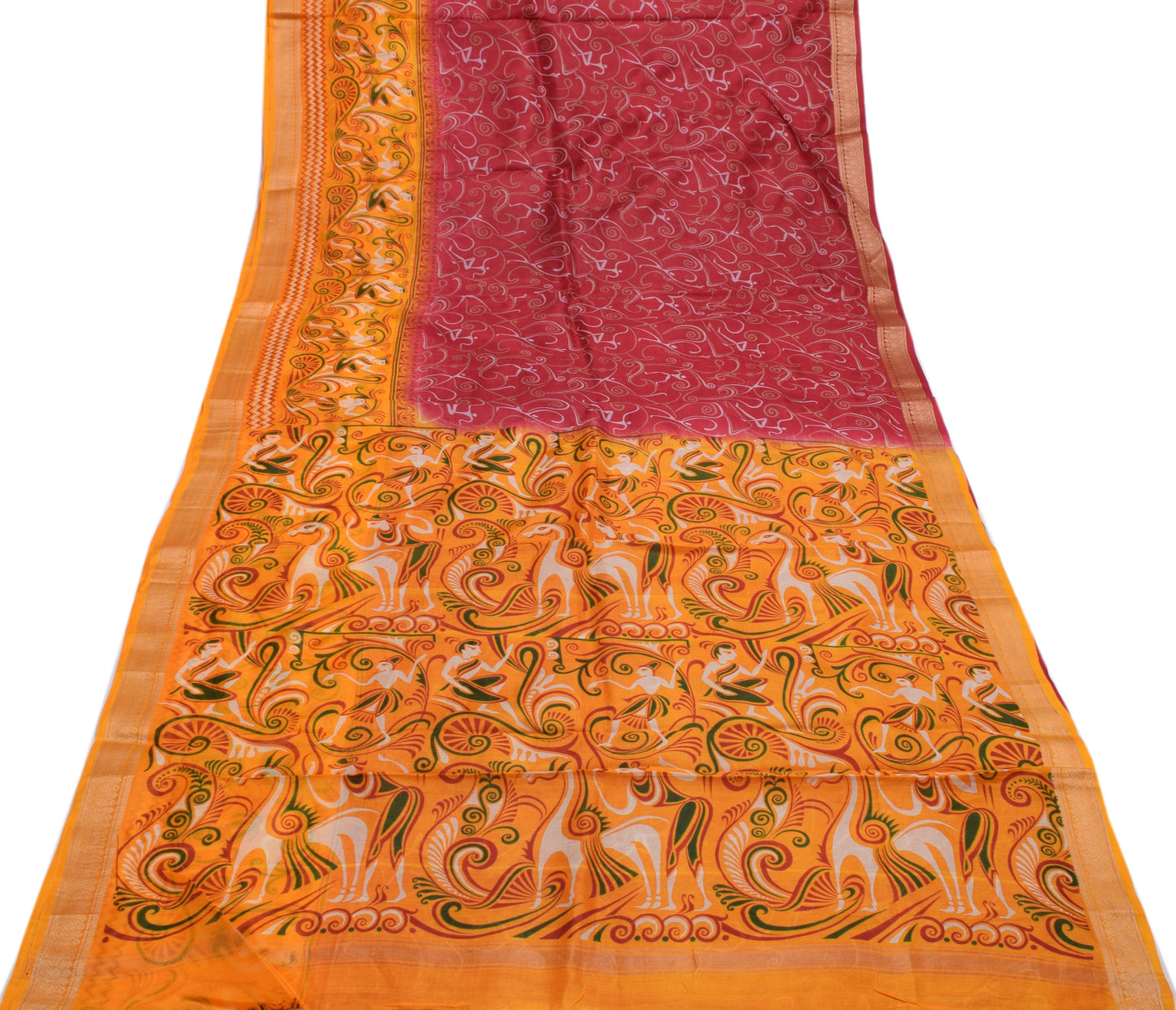 Sushila Vintage Red Indian Saree 100% Pure Silk Printed Soft Craft Fabric