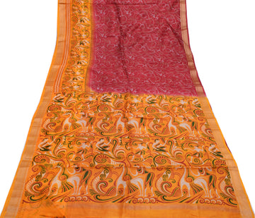 Sushila Vintage Red Indian Saree 100% Pure Silk Printed Soft Craft Fabric