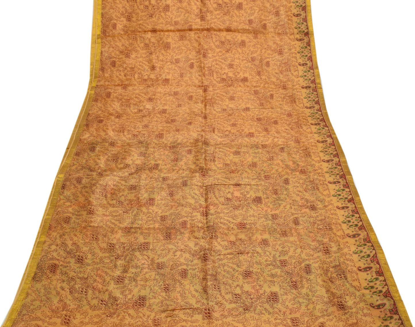 Sushila Vintage Cream Saree 100% Pure Silk Printed Floral Soft Craft Fabric