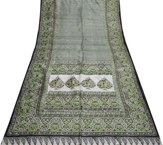 Sushila Vintage White Saree 100% Pure Silk Printed Floral Soft Craft Fabric