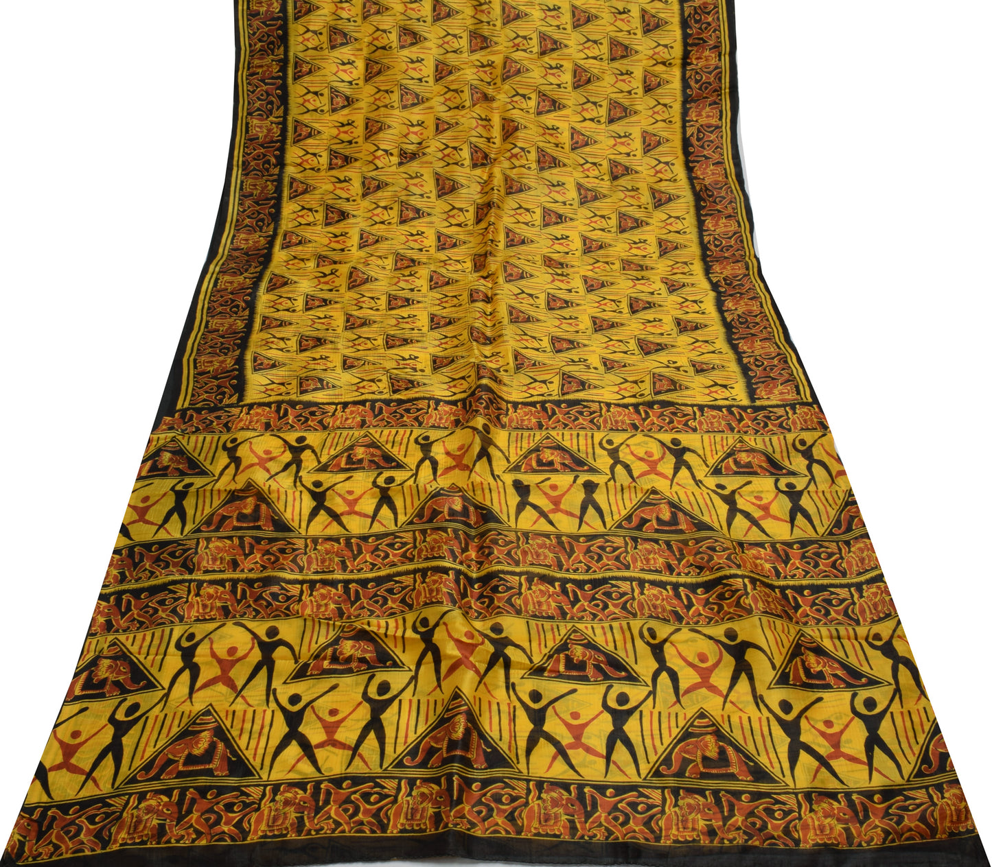 Sushila Vintage Yellow Saree 100% Pure Silk Printed Humans Soft Craft Fabric