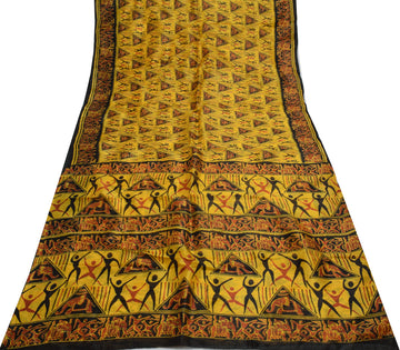 Sushila Vintage Yellow Saree 100% Pure Silk Printed Humans Soft Craft Fabric